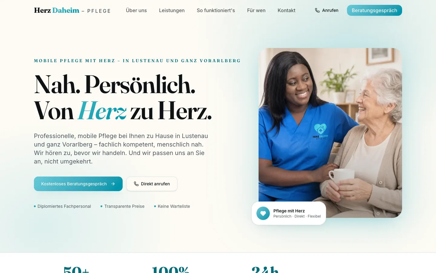 Screenshot der Webseite von Herz Daheim (Mobile Pflege, Lustenau), umgesetzt von Primodia